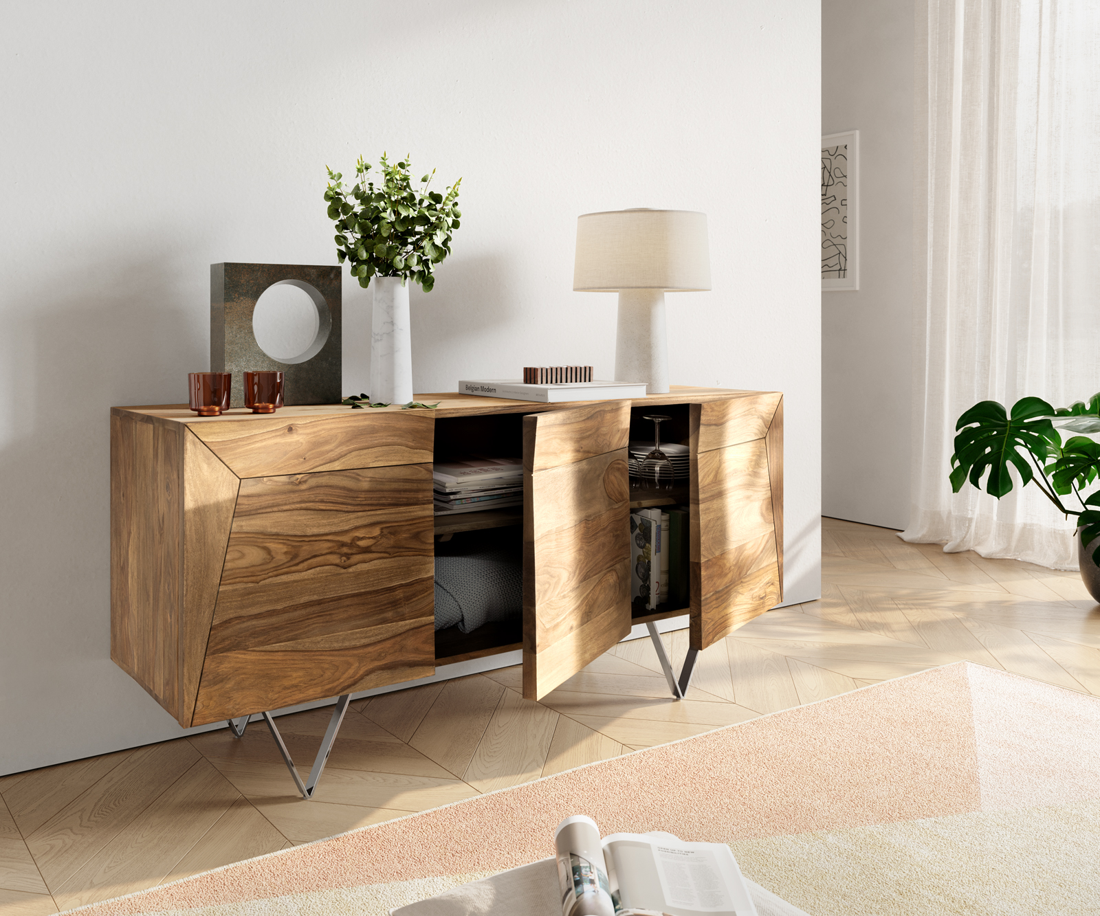 DELIFE Design-Sideboard Wyatt 150 cm Sheesham Natur 3D Optik oben Edelstahl, Sideboards