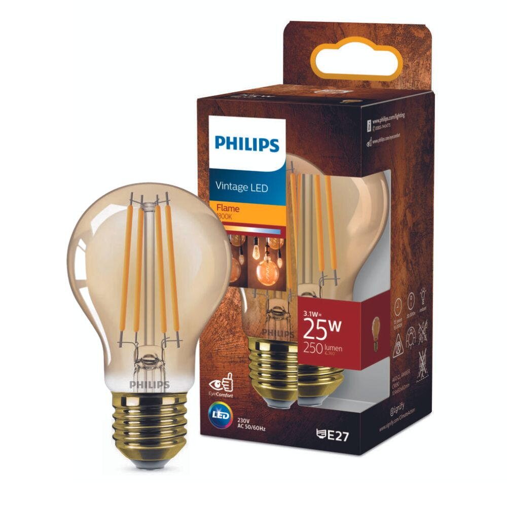 Philips Vintage LED Filament Lampe ersetzt 25W E27 Birne – A60 3,1W 250lm 1800K Einerpack