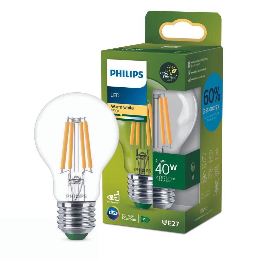 Philips Ultra Efficient LED Filament Lampe ersetzt 40W E27 Birne – A60 2,3W 485lm 2700K Einerpack