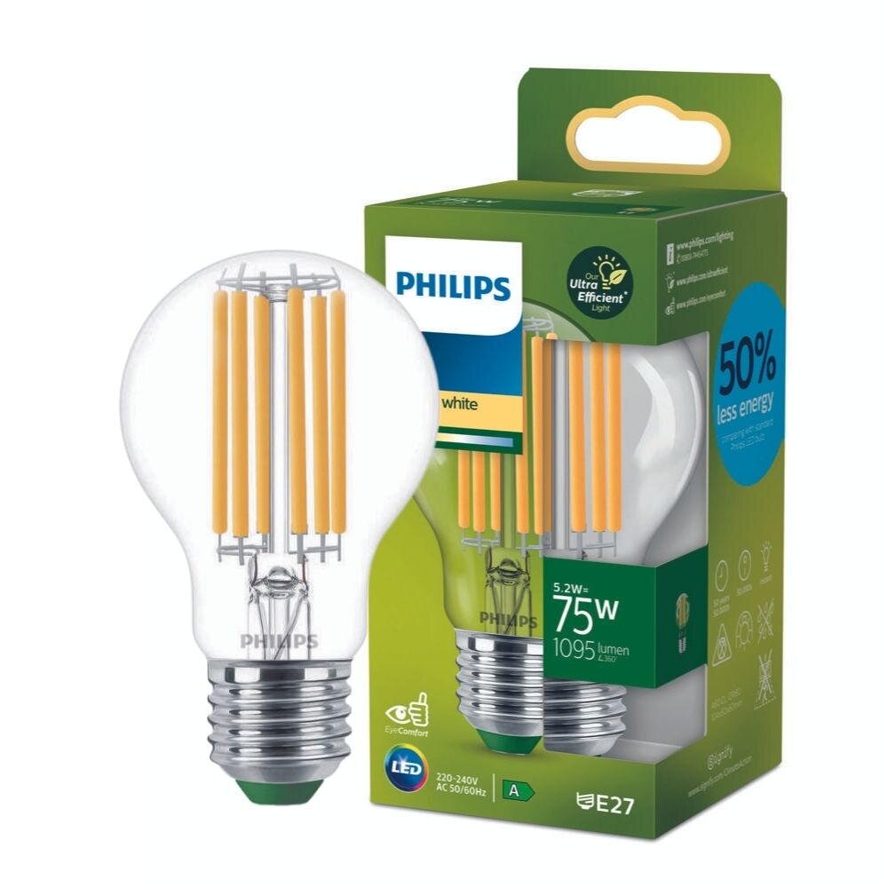 Philips Ultra Efficient LED Filament Lampe ersetzt 75W E27 Birne – A60 5,2W 1095lm 2700K Einerpack