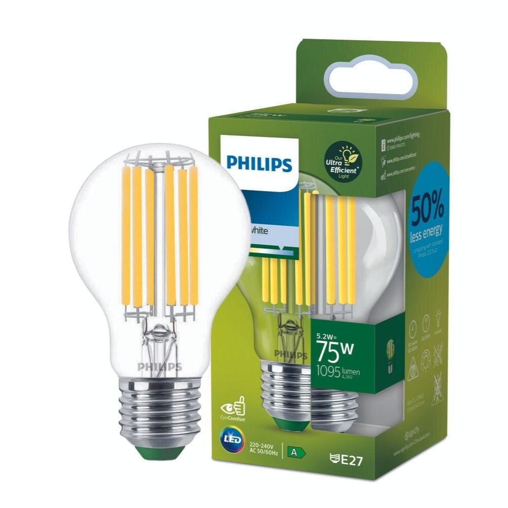 Philips Ultra Efficient LED Filament Lampe ersetzt 75W E27 Birne – A60 5,2W 1095lm 4000K Einerpack