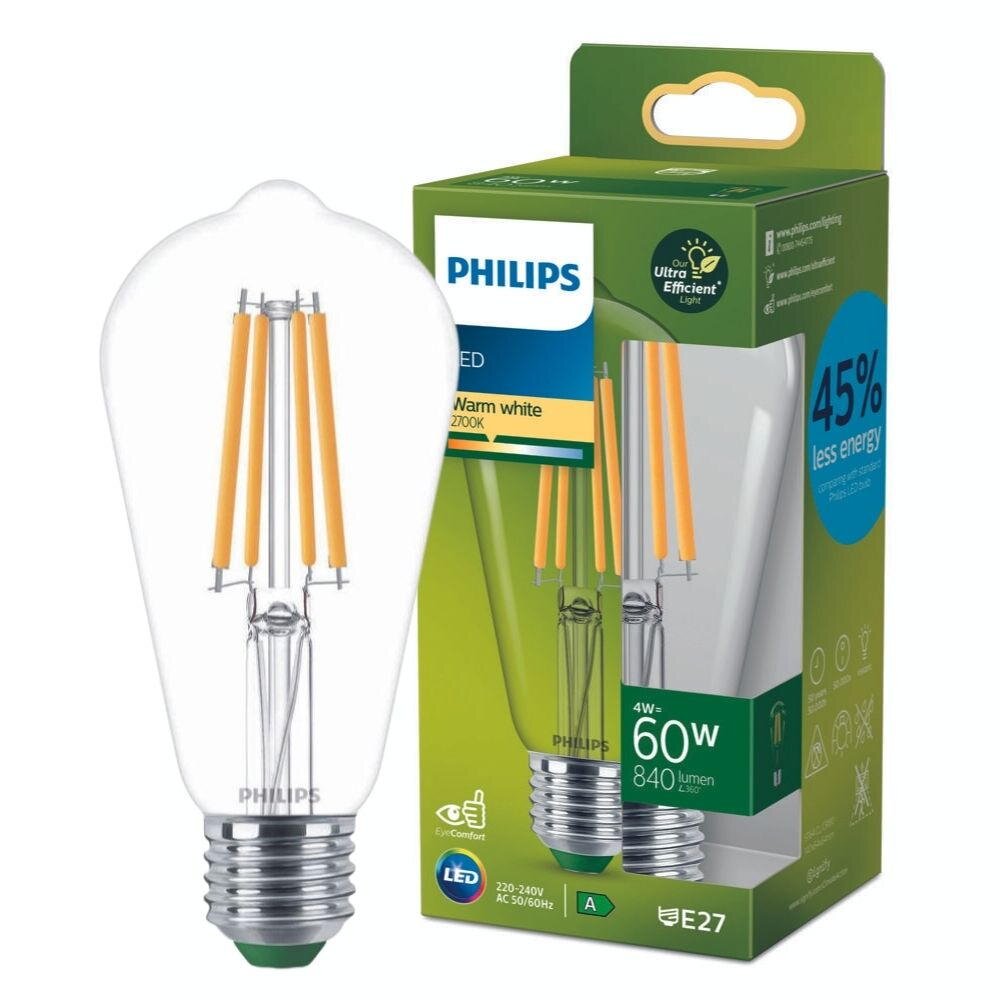 Philips Ultra Efficient LED Filament Lampe ersetzt 60W E27 ST64 Edisonform 4W 840lm 2700K Einerpack