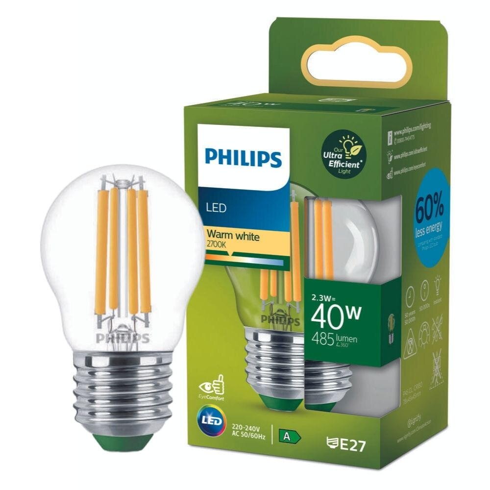 Philips Ultra Efficient LED Filament Lampe ersetzt 40W E27 Tropfen – P45 2,3W 485lm 2700K Einerpack