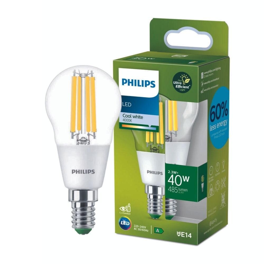 Philips Ultra Efficient LED Filament Lampe ersetzt 40W E14 Tropfen – P45 2,3W 485lm 4000K Einerpack