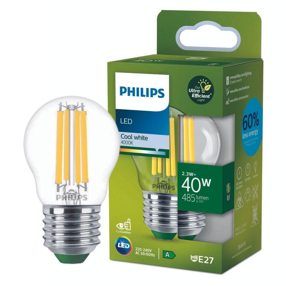 Philips Ultra Efficient LED Filament Lampe ersetzt 40W E27 Tropfen – P45 2,3W 485lm 4000K Einerpack