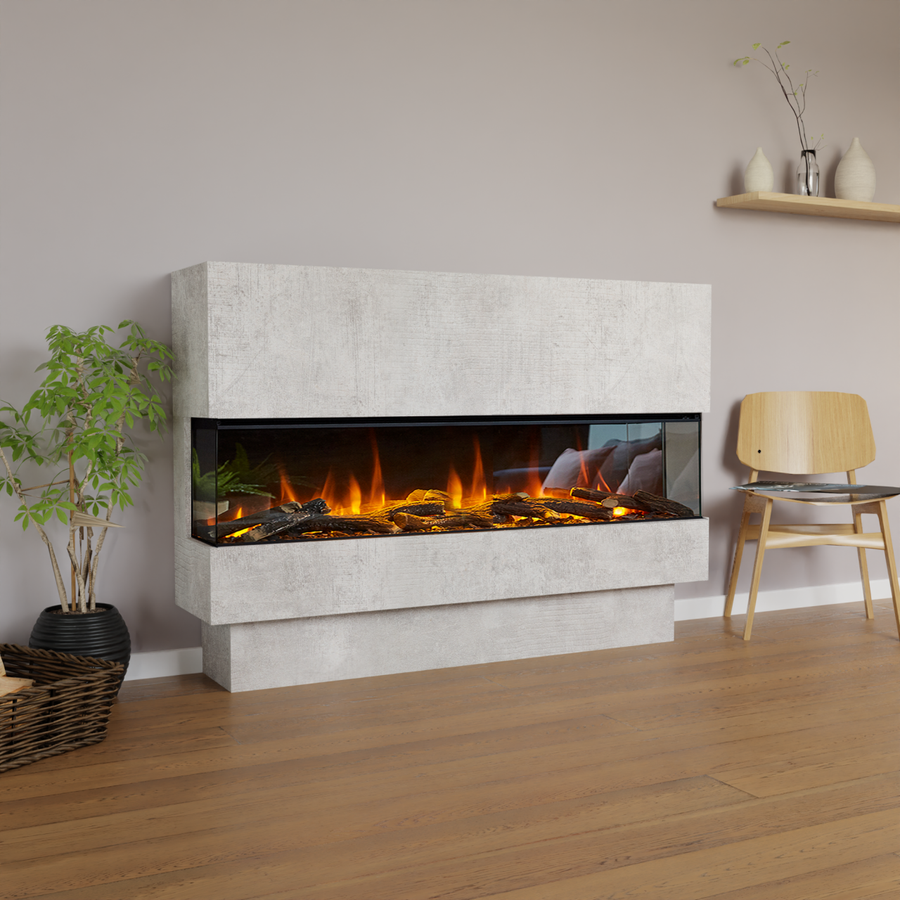 Glow Fire BF 1600 Elektrokamin Beton Standard-Glas Deluxe Echtholzdekoration