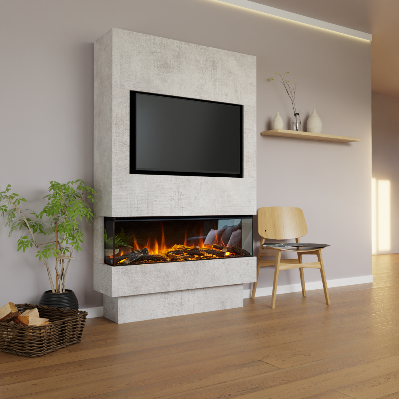 Glow Fire Fernsehwand BF 1200 Elektrokamin Beton Dark Glass New Forest Holzdekoration Fernsehwand