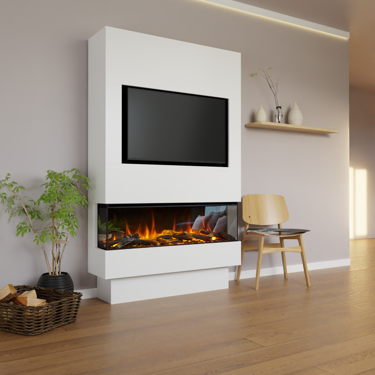 Glow Fire Fernsehwand BF 1200 Elektrokamin Weiß Standard-Glas Deluxe Echtholzdekoration Fernsehwand