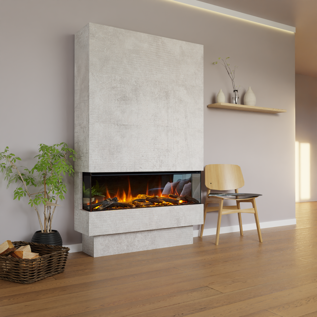 Glow Fire Fernsehwand BF 1200 Elektrokamin Beton Dark Glass New Forest Holzdekoration Flach