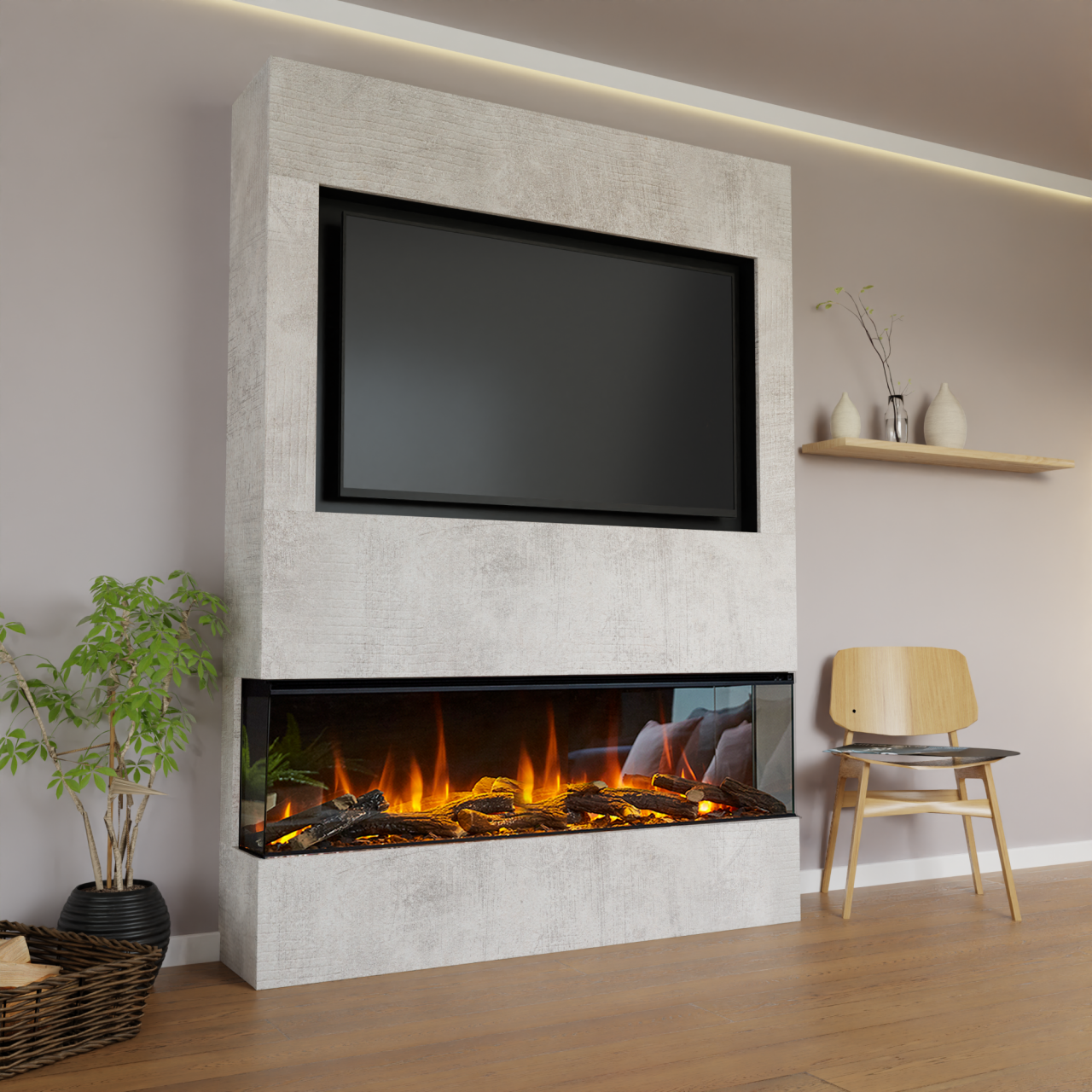 Glow Fire Fernsehwand BF2 1600 Elektrokamin Beton Standard-Glas Deluxe Echtholzdekoration Fernsehwand