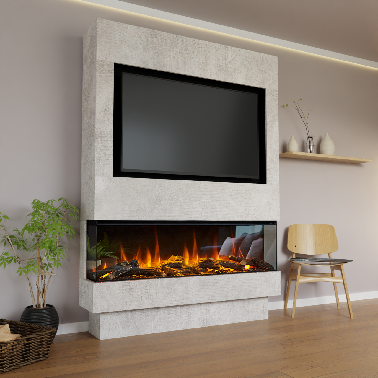 Glow Fire Fernsehwand BF 1600 Elektrokamin Beton Standard-Glas Deluxe Echtholzdekoration Fernsehwand