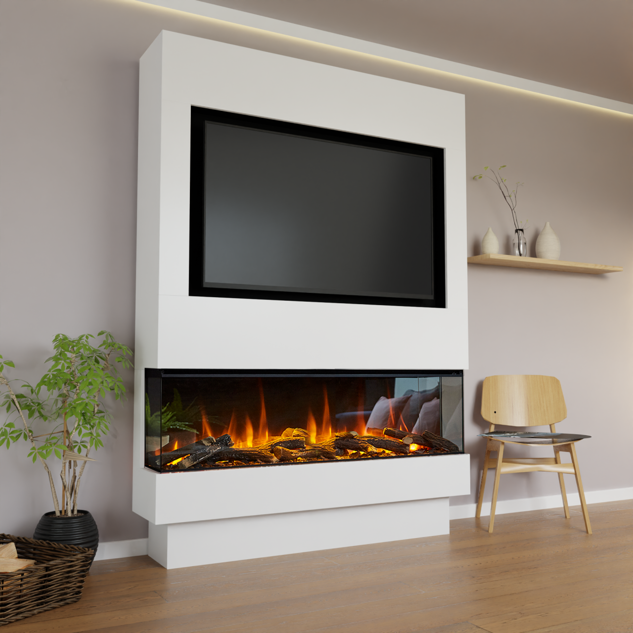 Glow Fire Fernsehwand BF 1600 Elektrokamin Weiß Standard-Glas Deluxe Echtholzdekoration Fernsehwand