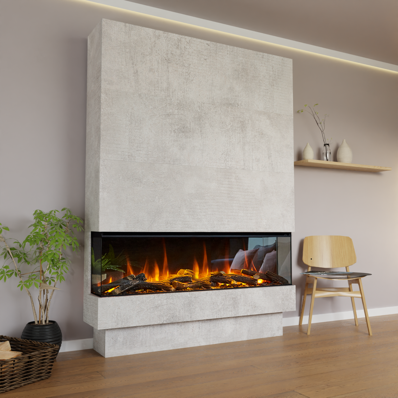 Glow Fire Fernsehwand BF 1600 Elektrokamin Beton Dark Glass Deluxe Echtholzdekoration Flach