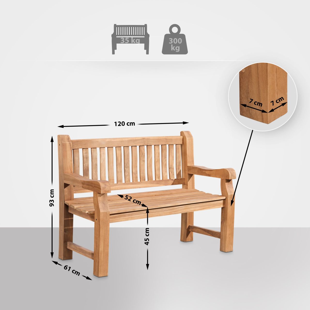 Teakbank Jackson 120 cm mit Abdeckhaube teak