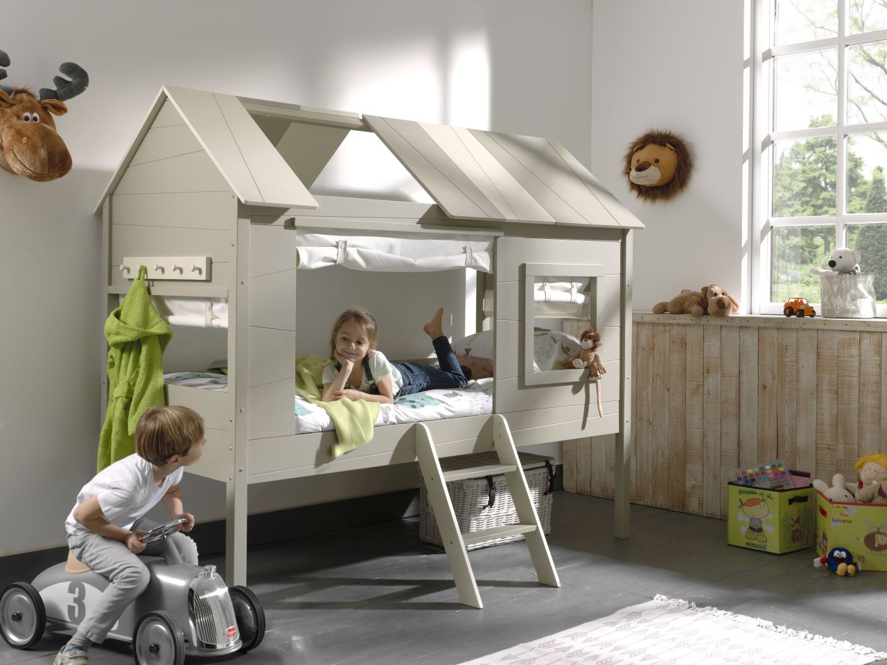 Set Baumhaus Bett Vorhang Hausbett 90×200 Kinderbett Kindermöbel Lattenrost Grau