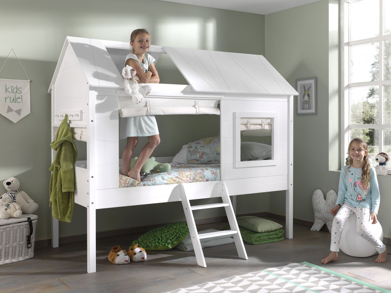 Set Baumhaus Bett Vorhang Hausbett 90×200 Kinderbett Kindermöbel Lattenrost Weiß