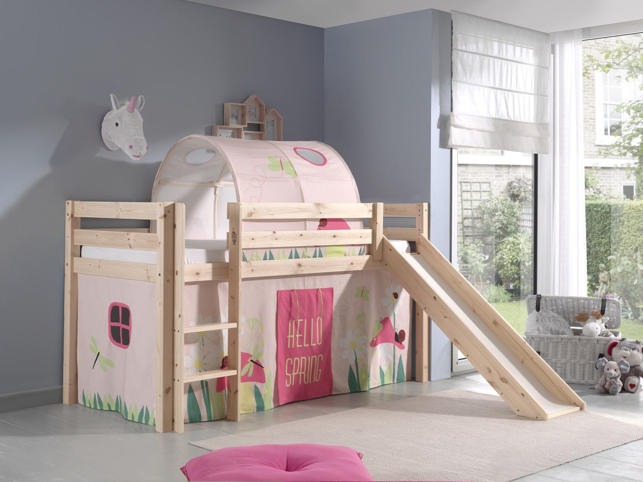 Spielbett Hochbett Kinderbett 90×200 Rutsche Vorhang Rosa Blumen Tunnel Holzbett