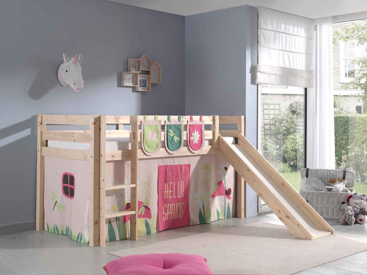 Spielbett Hochbett Kinderbett 90×200 Vorhang Blumen Holz Weiß Rosa Rutsche Pink