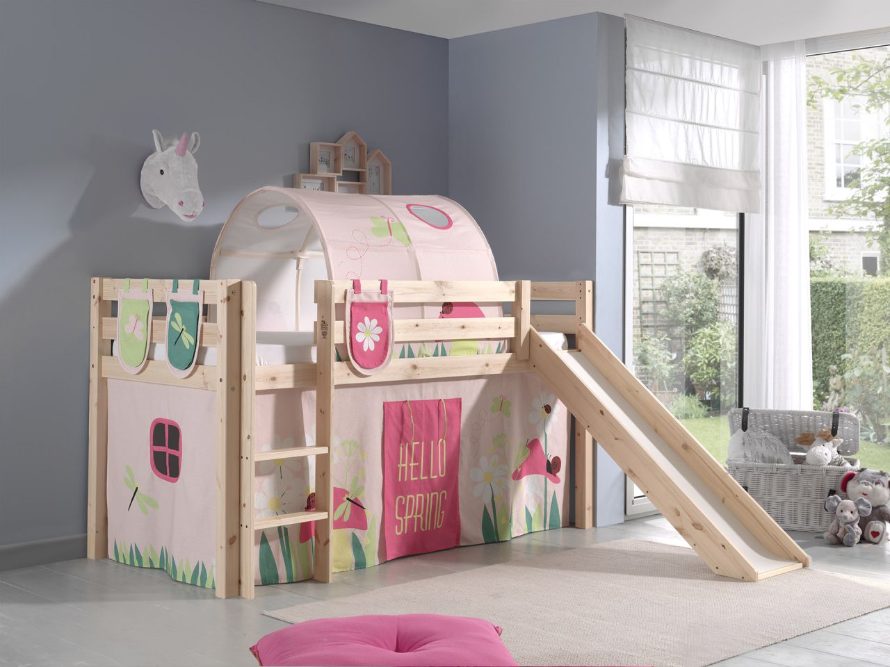 Spielbett Hochbett Kinderbett 90×200 Rutsche Vorhang Rosa Blumen Tunnel Holzbett