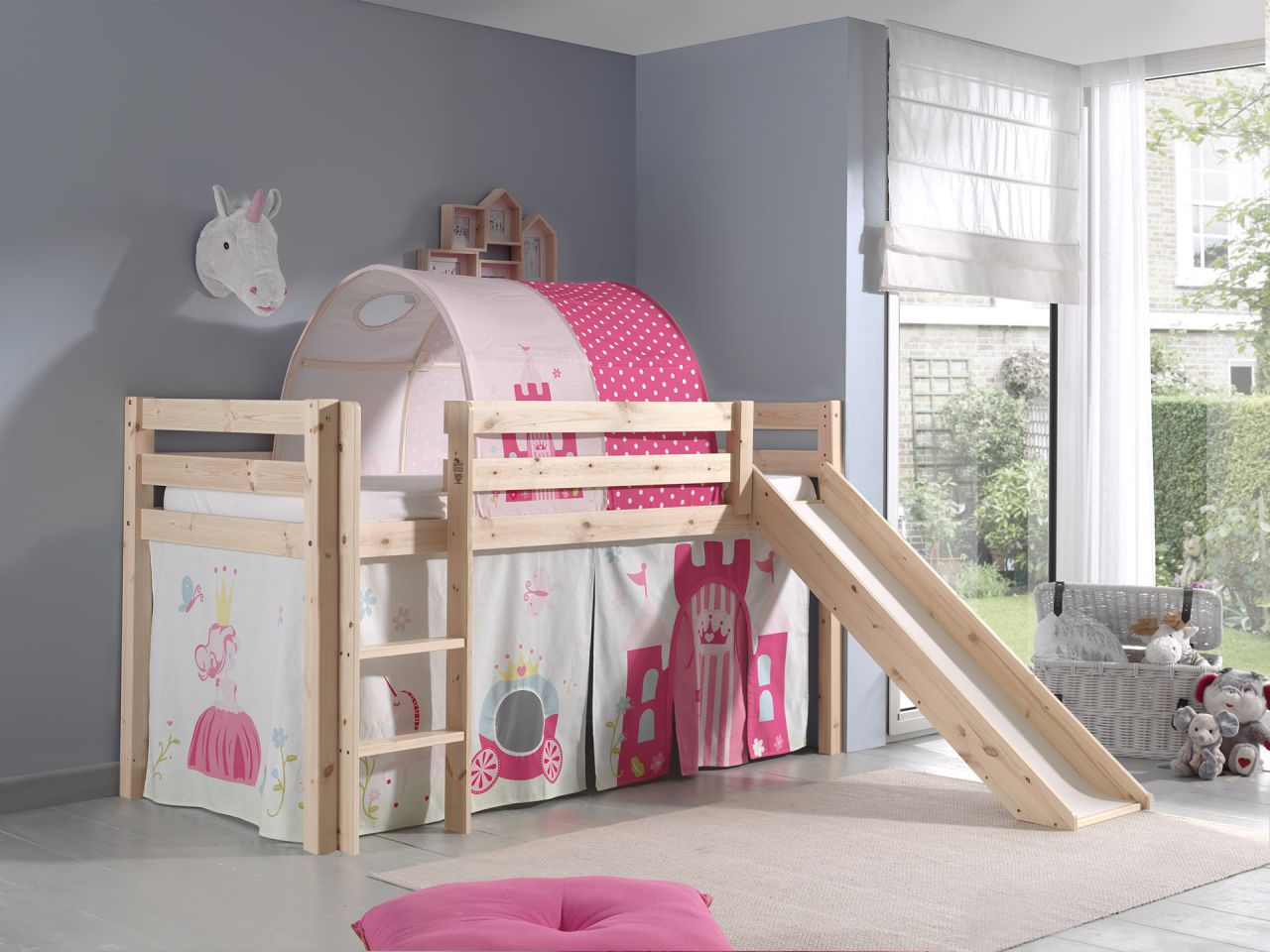 Spielbett Hochbett Kinderbett 90×200 Rutsche Vorhang Prinzessin Rosa Tunnel Holz