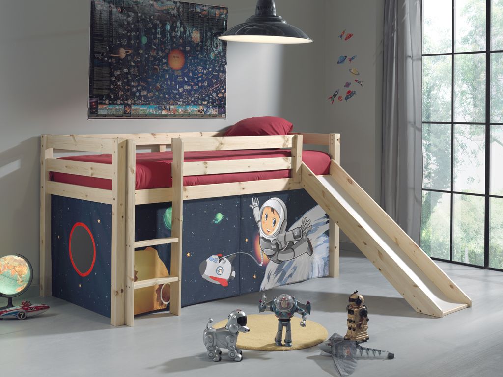 Spielbett Hochbett Kinderbett 90×200 Vorhang Astronaut Weltraum Rutsche Holz