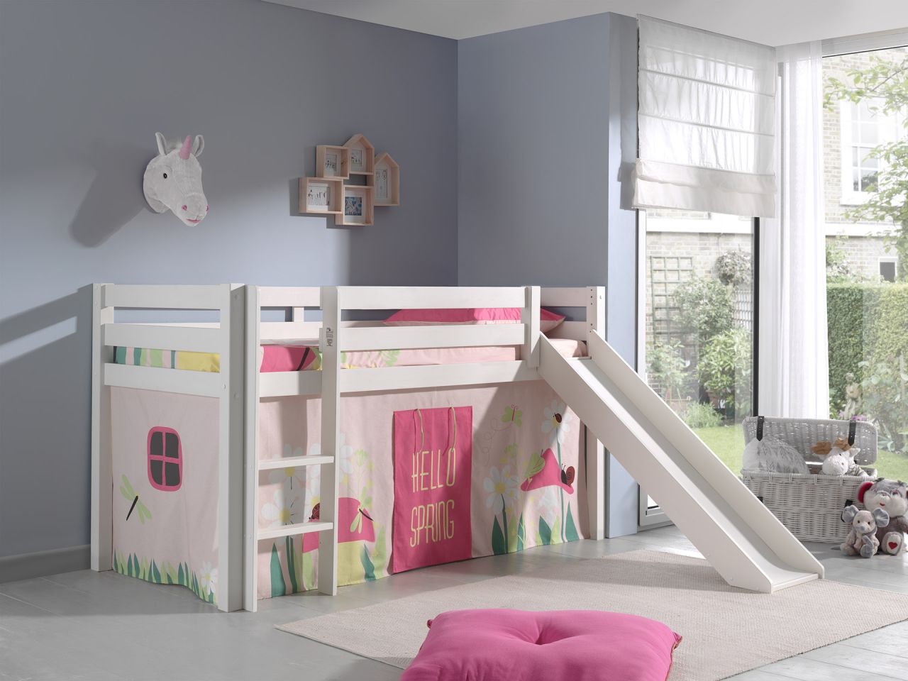 Spielbett Hochbett Kinderbett 90×200 Rutsche Vorhang Rosa Blumen Holzbett Weiß