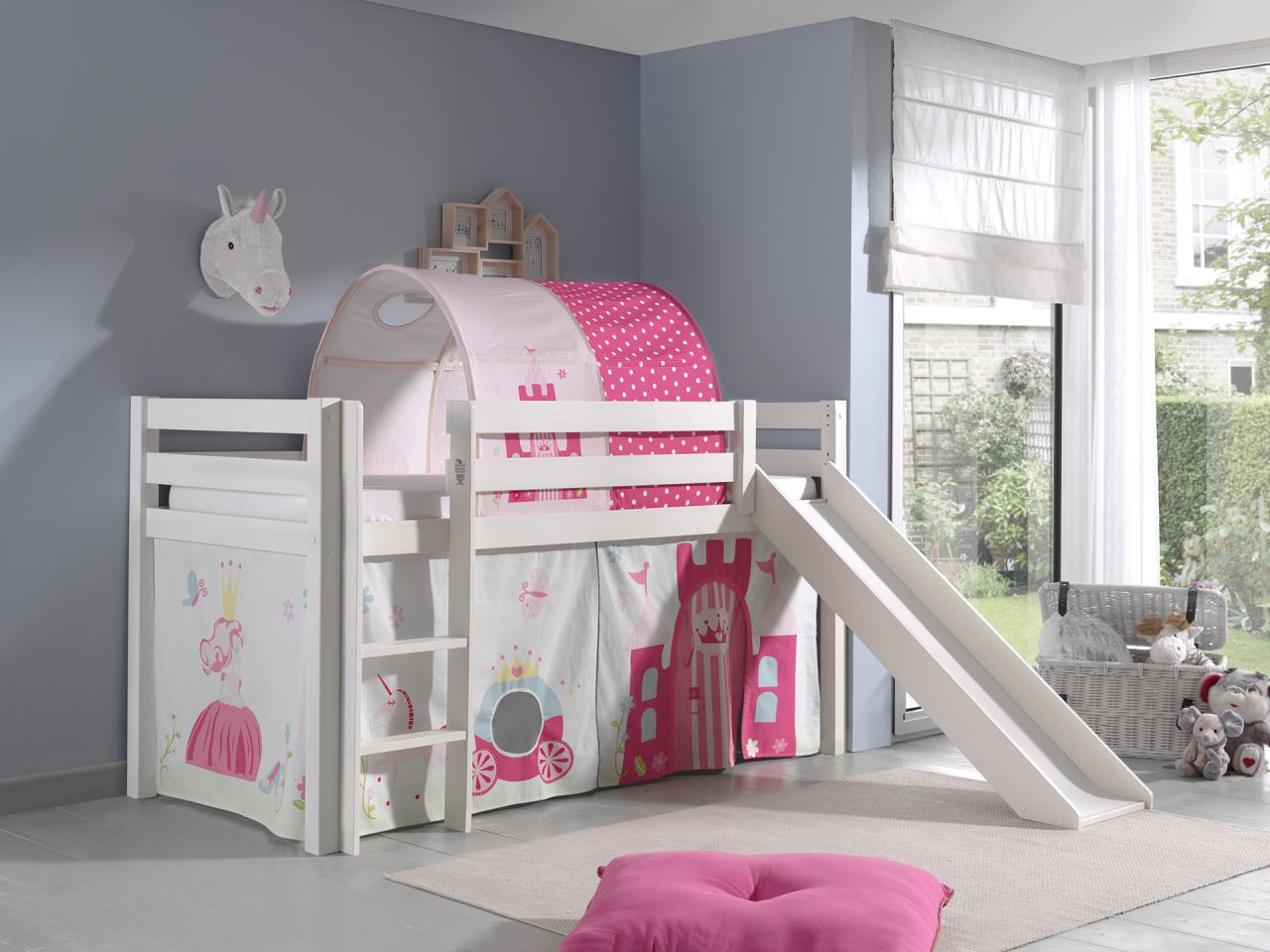 Spielbett Hochbett Kinderbett 90×200 Rutsche Vorhang Prinzessin Weiß Rosa Tunnel