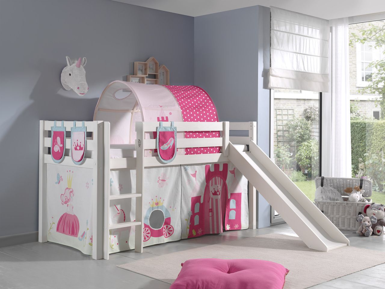 Spielbett Hochbett Kinderbett 90×200 Rutsche Vorhang Prinzessin Weiß Rosa Tunnel