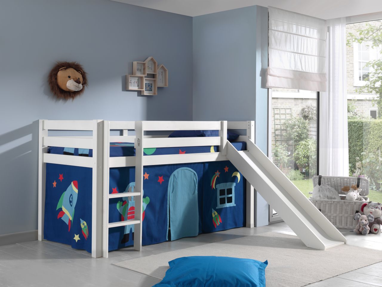 Spielbett Hochbett Kinderbett 90×200 Rutsche Vorhang Astronaut Weiß Weltall Holz