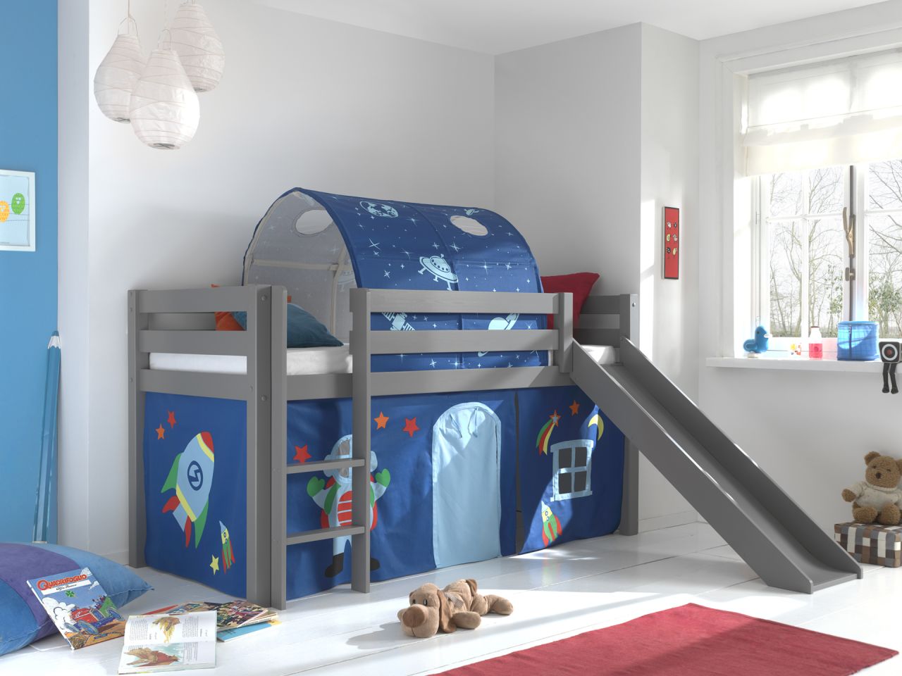 Vipack:Spielbett Pino mit Rutsche+Textilset+Tunnel -Jugend/Kinderbett Hochbett