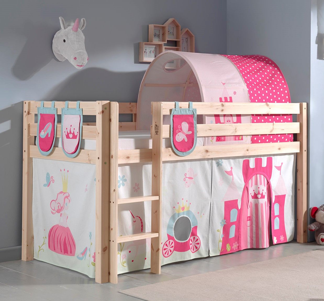 Spielbett Hochbett Kinderbett 90×200 Vorhang Prinzessin Rosa Tunnel Holzbett