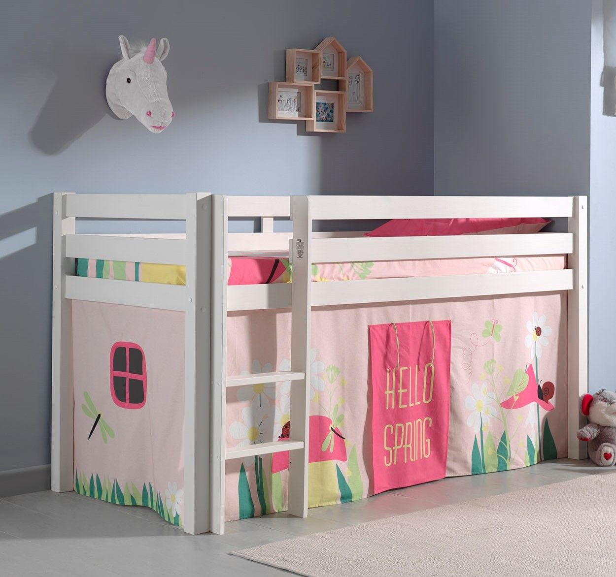 Spielbett Hochbett Kinderbett 90×200 Vorhang Rosa Blumen Holzbett Weiß Leiter