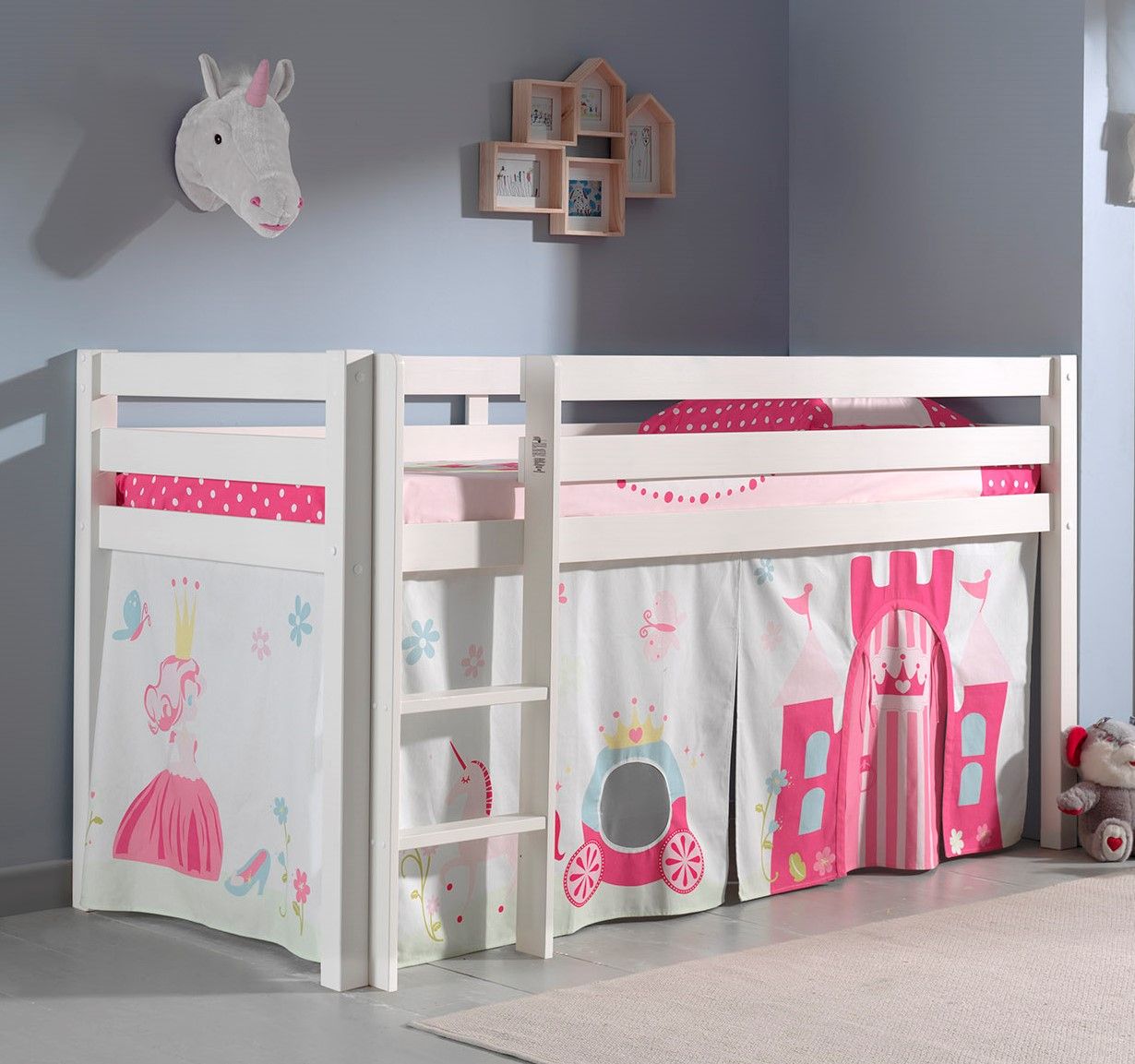 Spielbett Hochbett Kinderbett 90×200 Vorhang Prinzessin Weiß Rosa Holzbett Pink