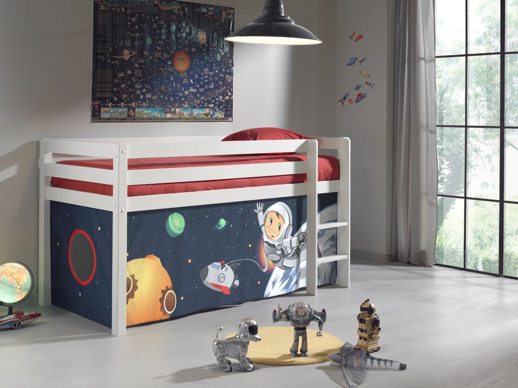 Spielbett Hochbett Kinderbett 90×200 Vorhang Astronaut Weltall Holzbett Weiß