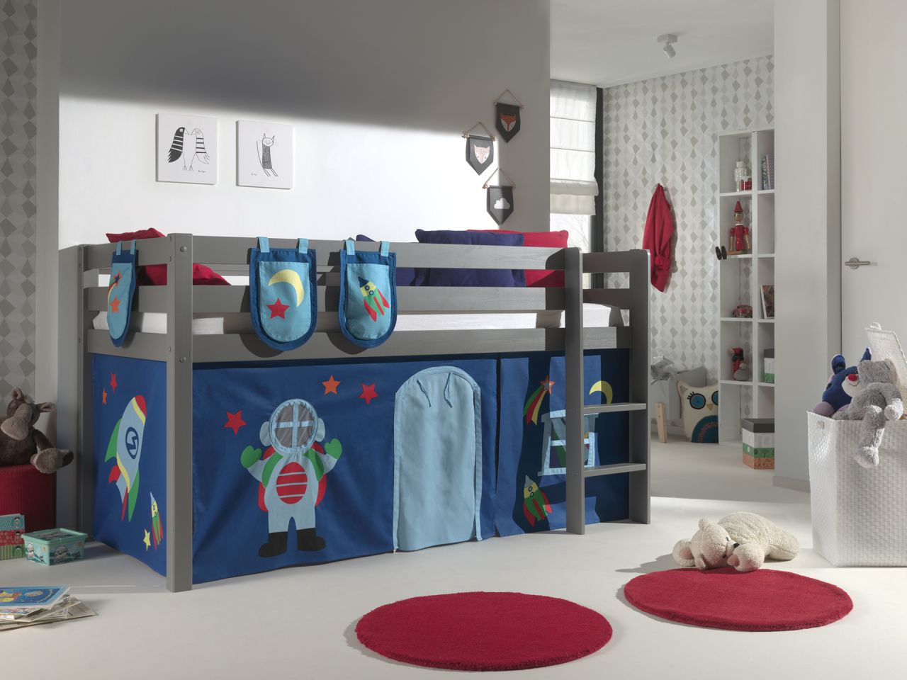 Vipack:Spielbett „Pino“ +Textilset+Taschen- Jugend/Kinderbett Hochbett Grau