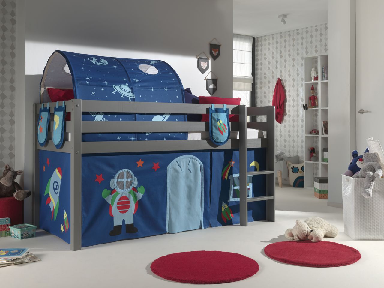 Vipack:Spielbett „Pino“ +Textilset+Taschen+Tunnel- Jugend/Kinderbett Hochbett