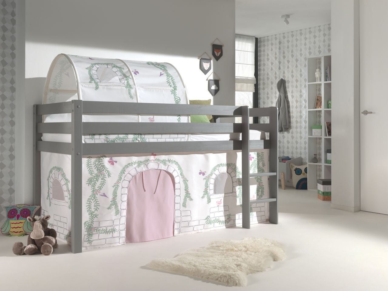 Vipack:Spielbett „Pino“ +Textilset+Tunnel – Jugend/Kinderbett Hochbett Grau