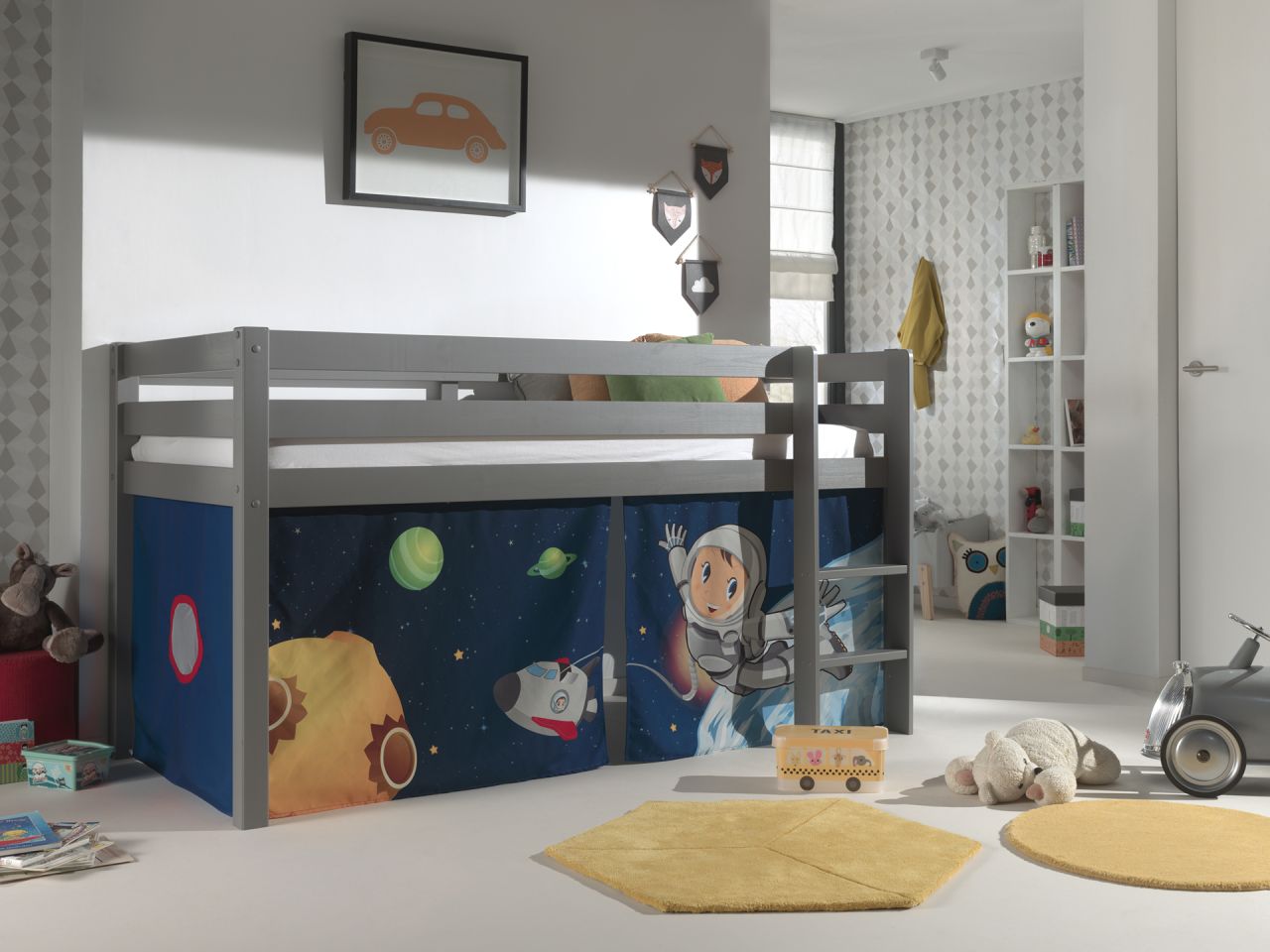 Vipack:Spielbett „Pino“ +Textilset- Jugend/Kinderbett Hochbett Weltall Grau