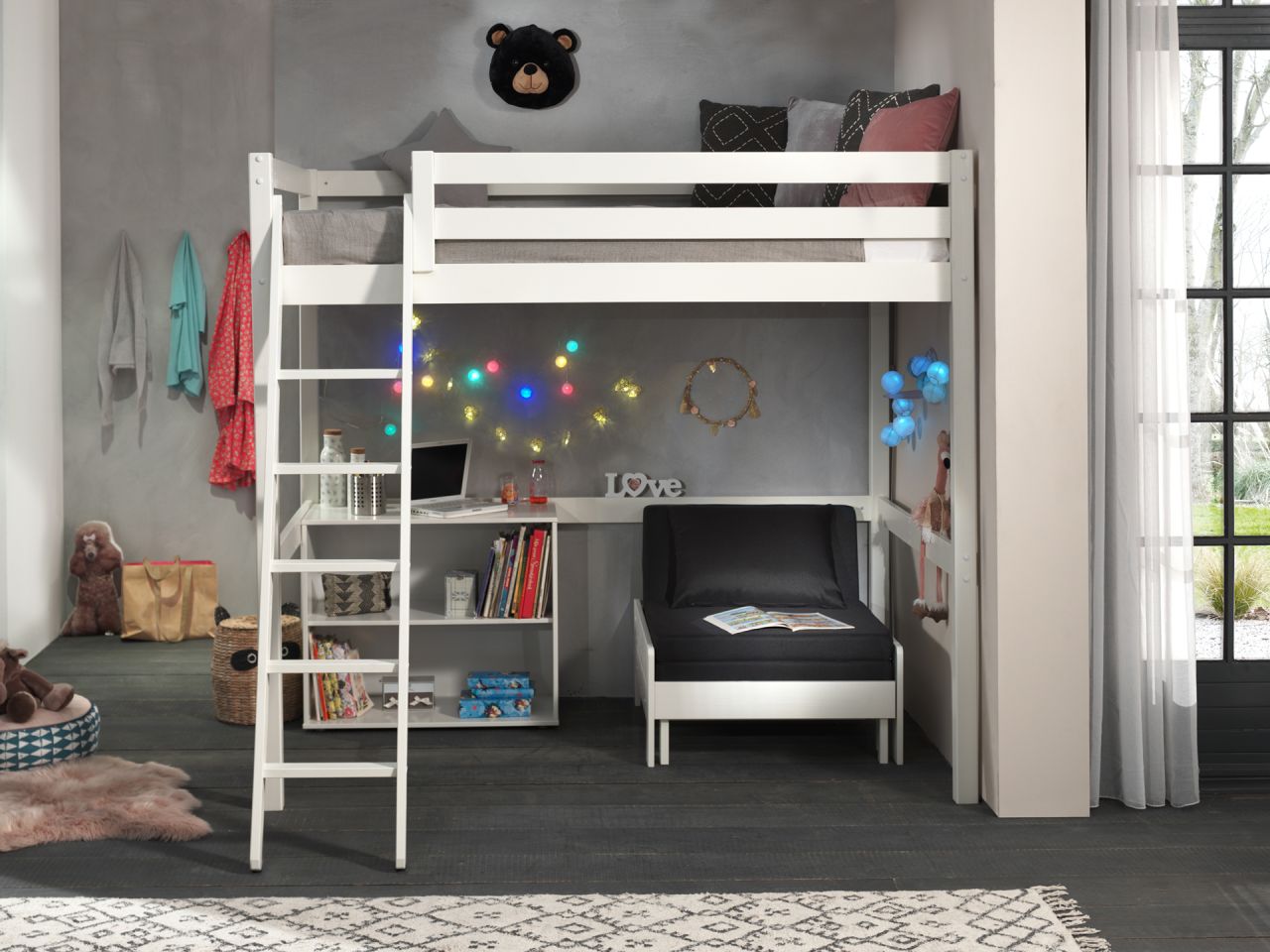 Vipack:Hochbett „Pino“ 140 x 200+ Sesselbett+Regal – Jugend/Kinderbett Spielbett