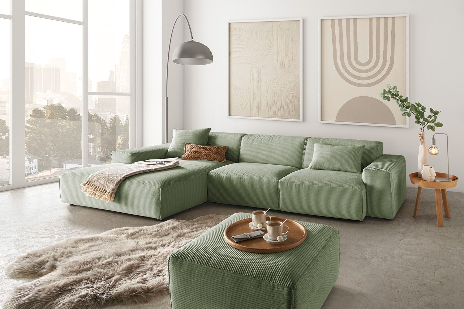 KAWOLA Sofa RANI Ecksofa Cord olivgrün