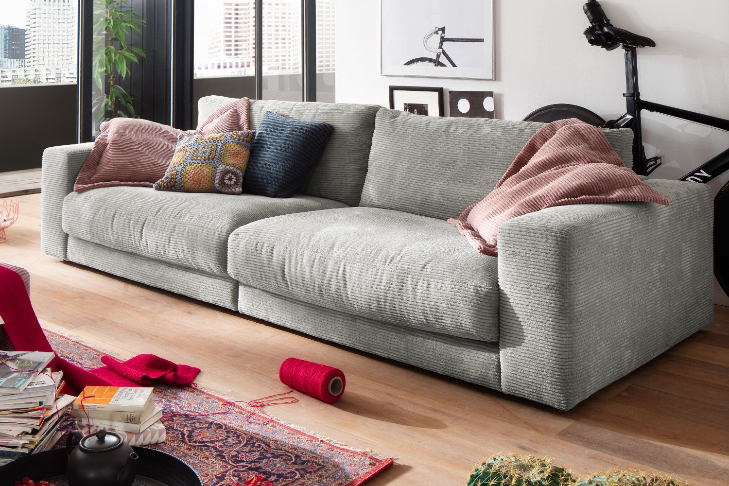 KAWOLA Sofa MADELINE 3-Sitzer Cord hellgrau