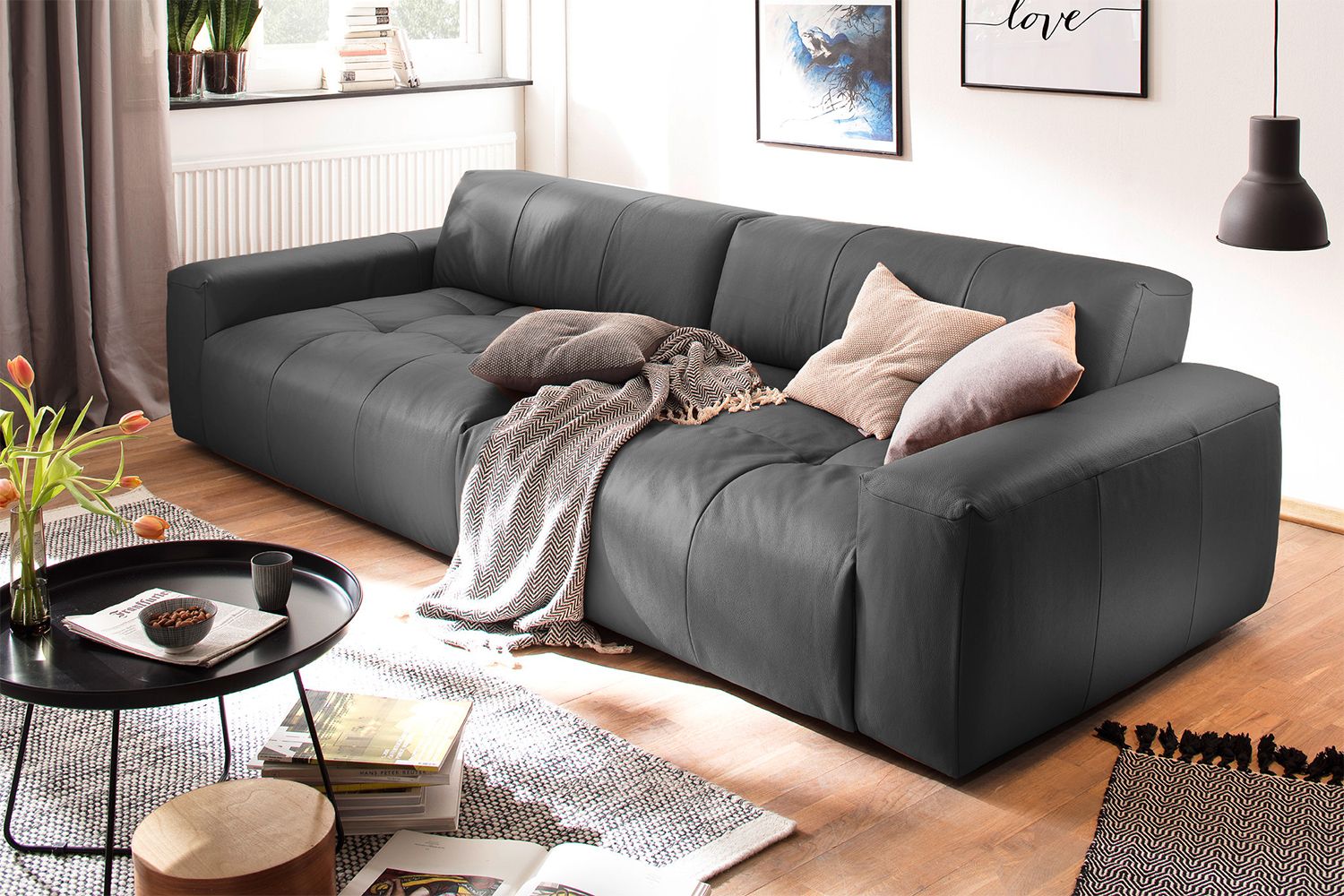 KAWOLA Big Sofa PALACE 3-Sitzer mit Sitztiefenverstellung Leder schwarz