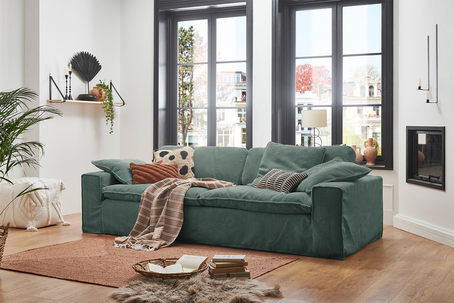 KAWOLA Sofa NETTA 3-Sitzer Bezug abziehbar Cord petrol