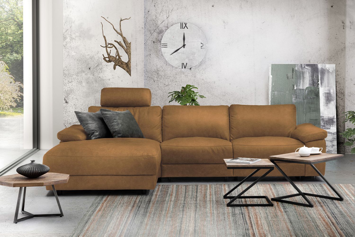 KAWOLA Sofa LOLA Ecksofa XL cognac mit motorischer Relaxfunktion versch. Bezüge