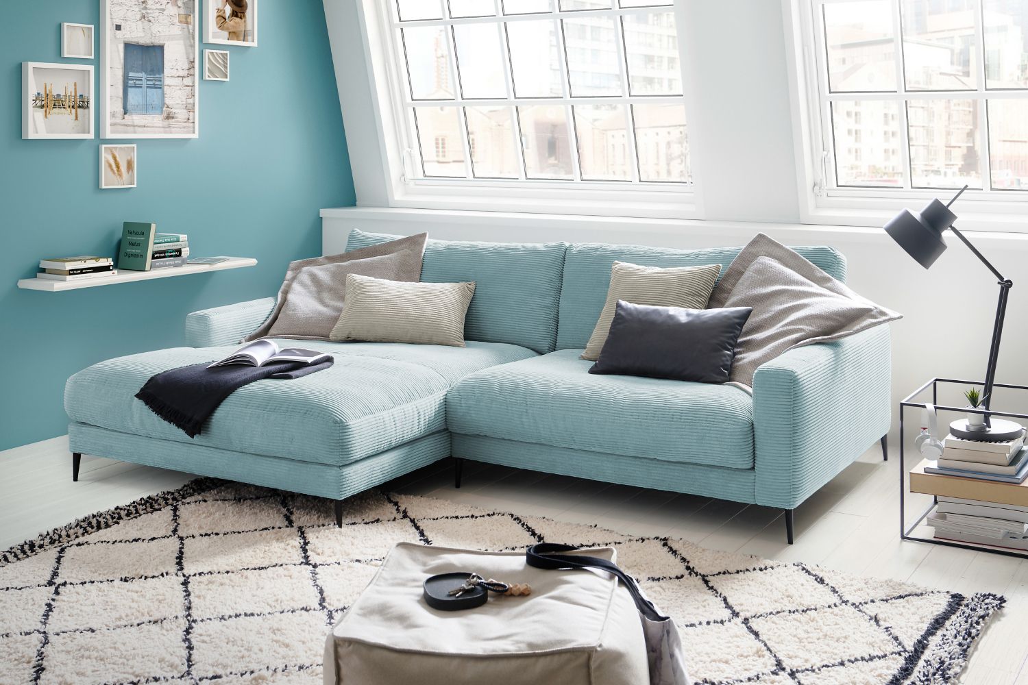 KAWOLA Ecksofa CARA Sofa Cord hellblau