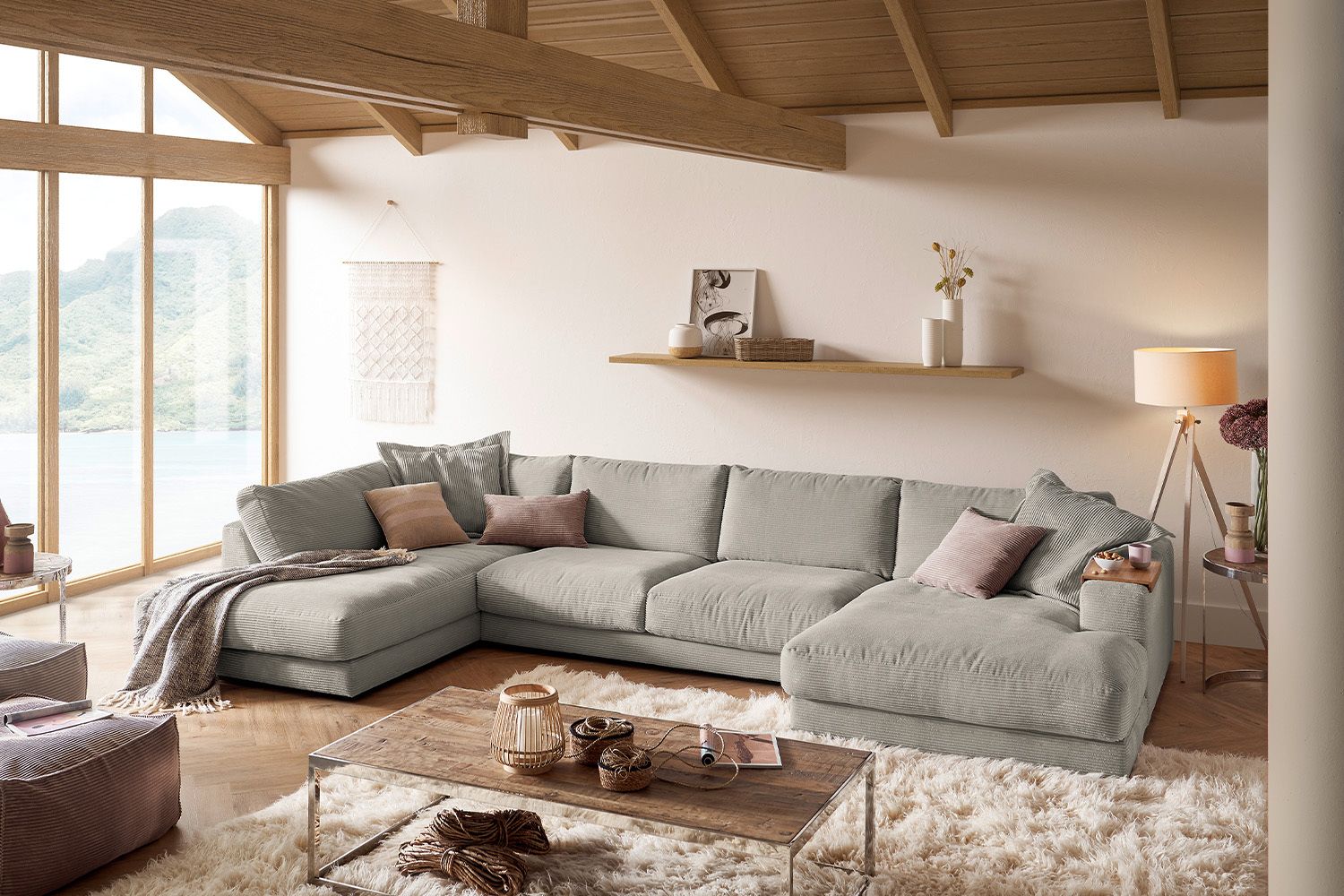 KAWOLA Sofa MADELINE Wohnlandschaft U-Form Cord steingrau