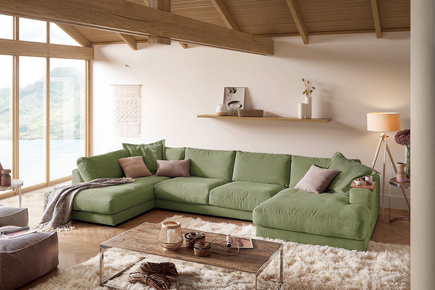 KAWOLA Sofa MADELINE Wohnlandschaft U-Form Cord olivgrün