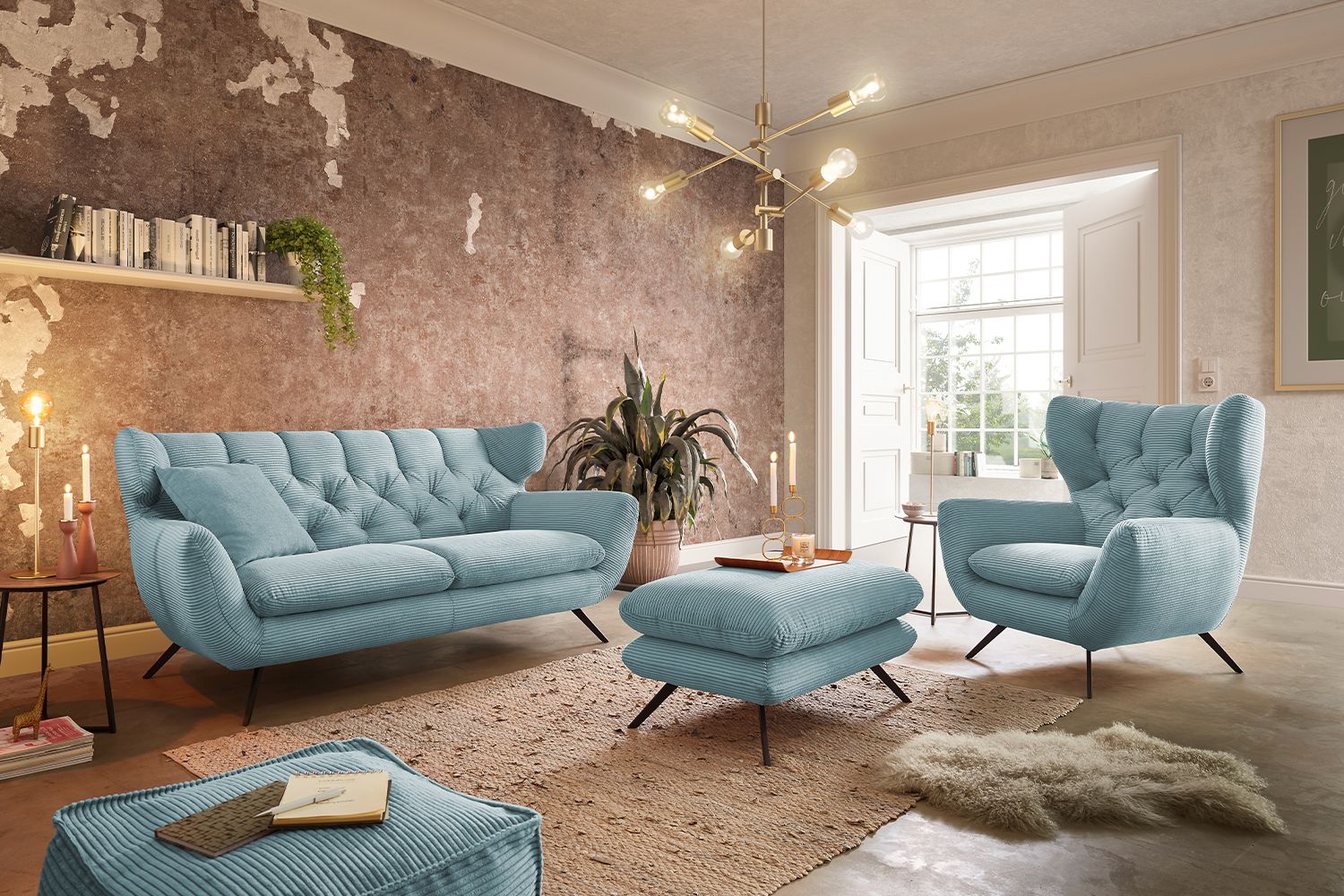 KAWOLA Sitzgruppe CHARME Sofa Sessel Hockerbank Cord hellblau