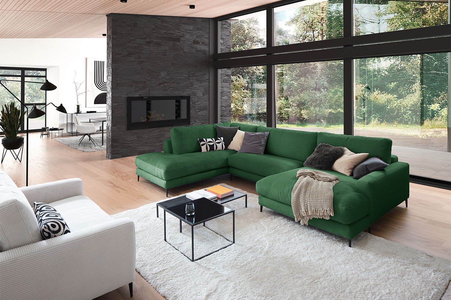 KAWOLA Sofa CARA Wohnlandschaft U-Form Cord smaragd