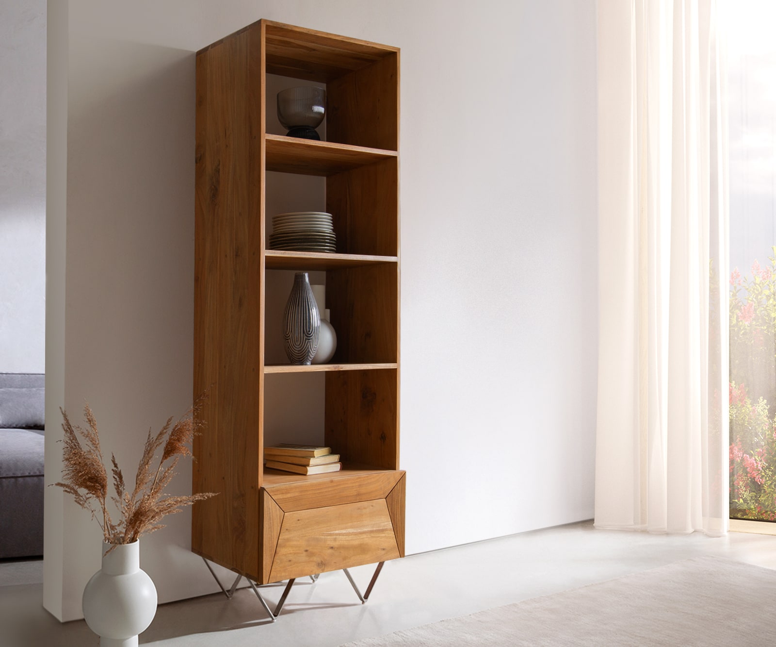 DELIFE Highboard Kayu 55×180 cm Akazie Natur Bücherregal 1 Tür V-Fuß, Highboards